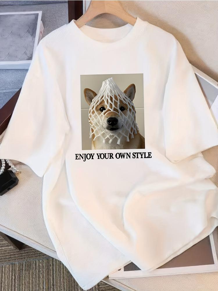 

Interesting puppy print pattern Tshirt for Women round neck short sleeved fashionable Womens Tshirt S