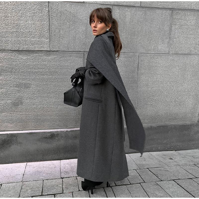 Casaco de lã com gola cachecol chique de cor sólida, bolsos elegantes, jaquetas trespassadas, novo vestuário feminino grande