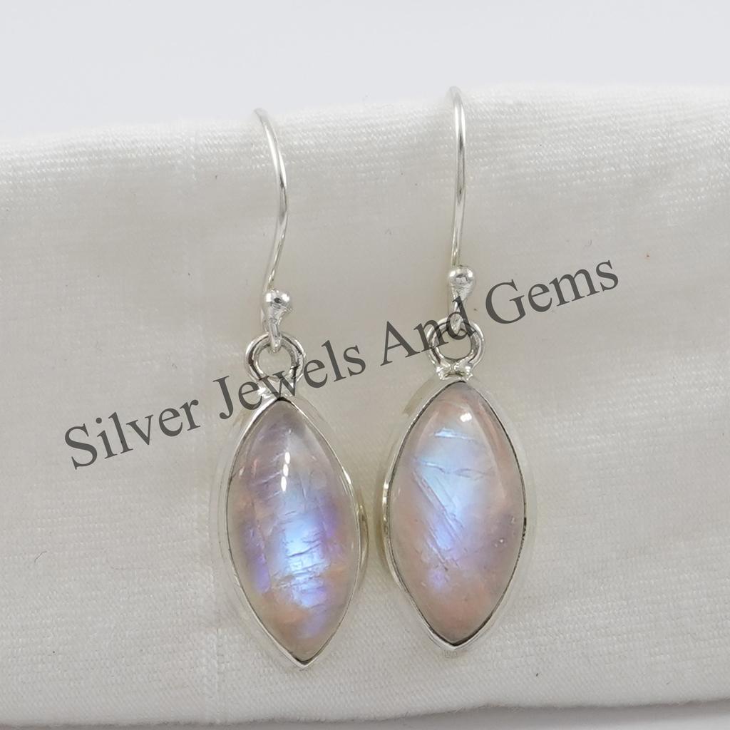 Natural Moonstone Earrings: Handmade 925 Sterling Silver Marquise Dangle