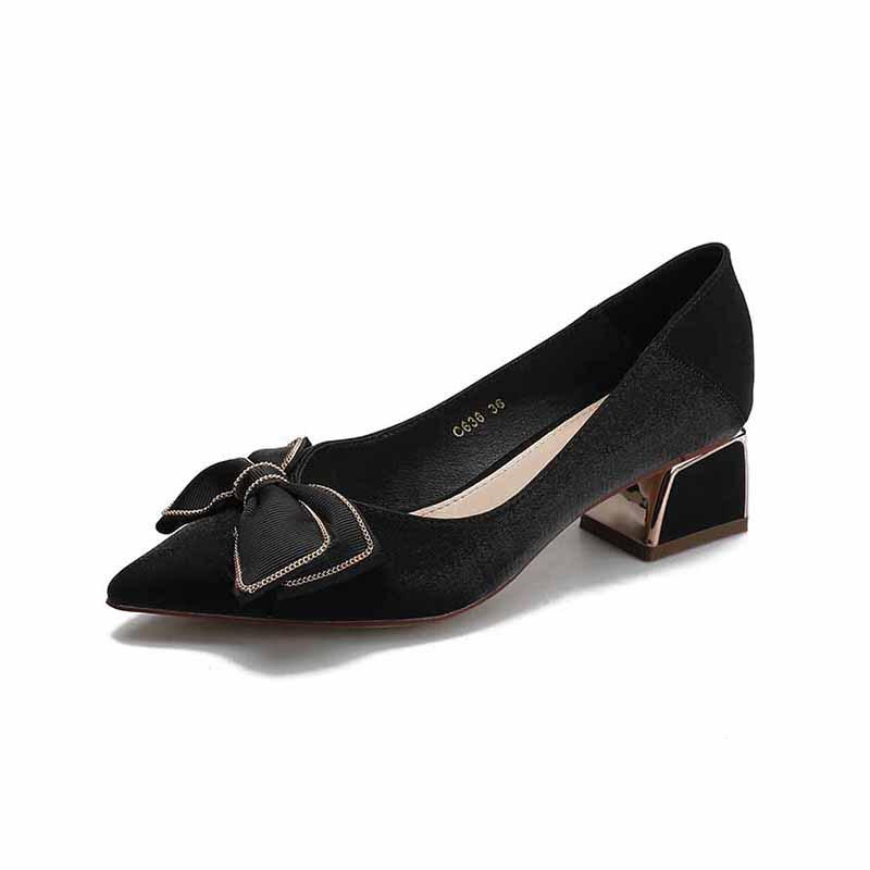 Medium heel single shoes new satin red wedding shoes light mouth bow women's shoes pointed high heels thick heel
