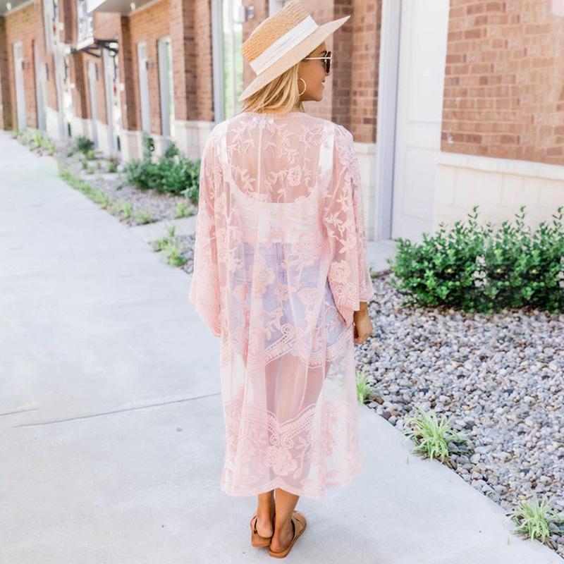 Summer New Lace Bikini Cover Up Sexy Sheer Mesh Embroidered Elegant Dress Casual Beach Cardigan Women Swimwear Cover Up Q894