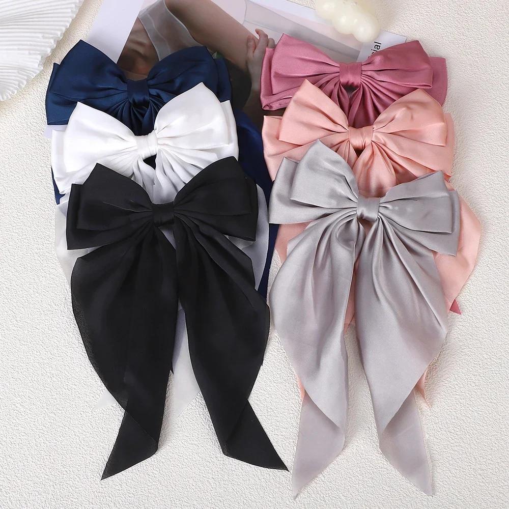 3Styles Girls Long Big Bow Float Satin Clips Back Head Hair Clip Wine Red with The Same Temperament Elegant Hair Accessories
