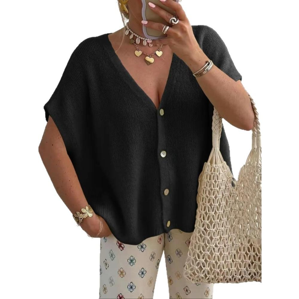 Women New Loose V Neck Short Sleeve Knit Cardigan, Fashion Casual Sweater