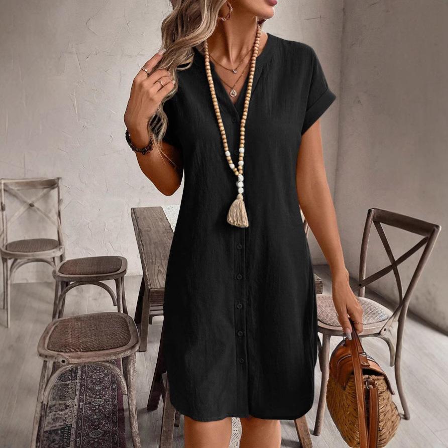 Abito Blusa Casual da Donna Semplice Scollo a V Bottoni Abito in Lino Tasche Ampio Taglia Larga Abito Camicia Taglie Forti Abiti da Donna