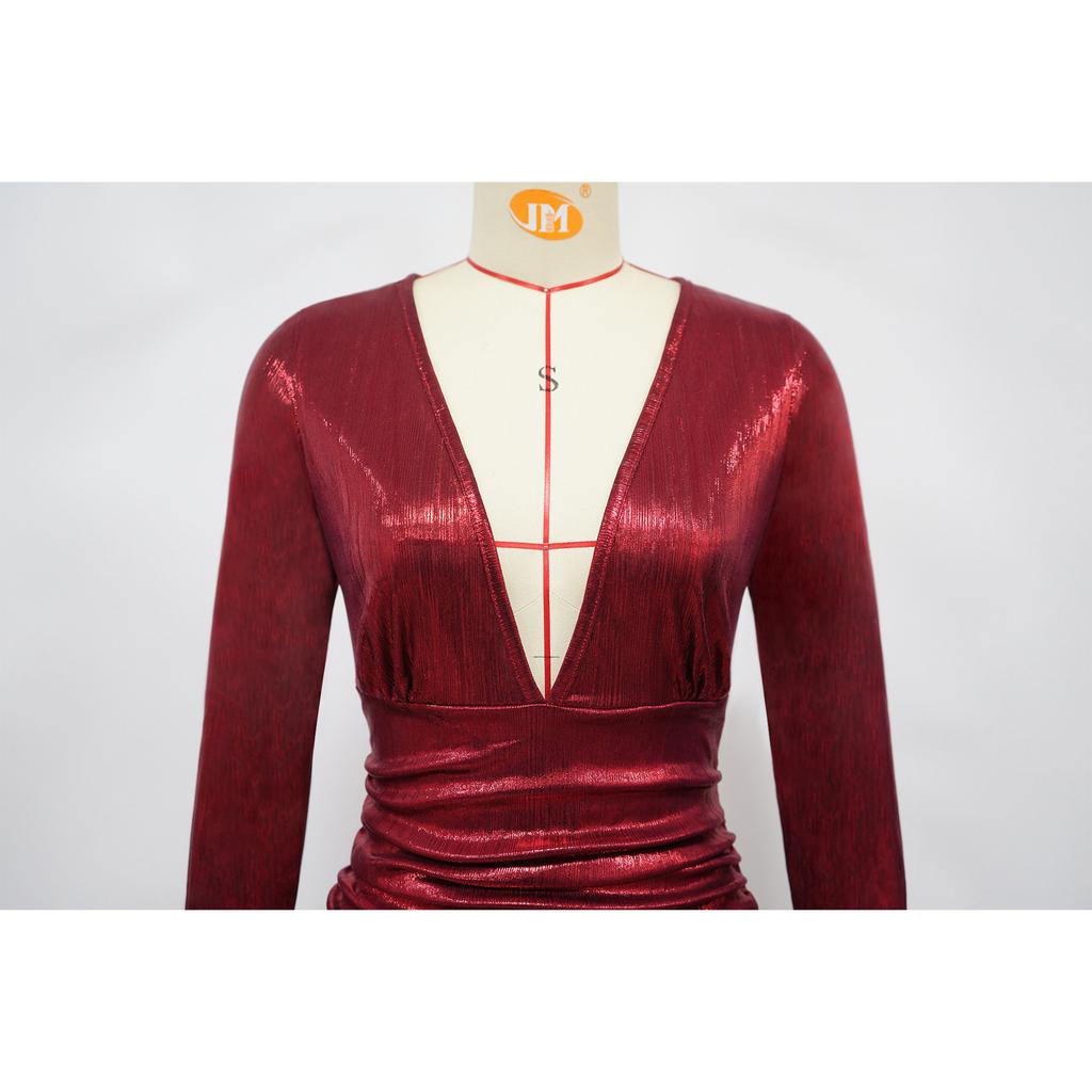 Women Sexy Shiny Metallic Deep V Neck Long Sleeve Ruched High Side Slit Bodycon Maxi Dress Evening Cocktail Party Prom Night Out Formal Gown