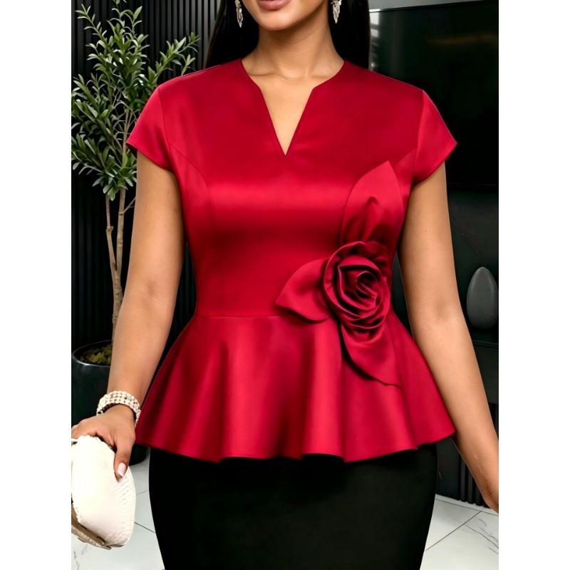 Women S V Neck Short Sleeve Solid Color Ruffle Trim Slim Fit Blouse For Commute And Party