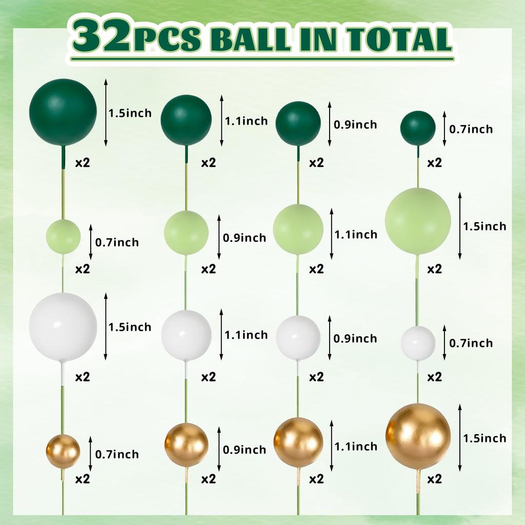 Green Gold and White Ball Cake Topper Decorations 32PCS Mini Balloons Cake Topper Sticks Foam Balls Cake Ball Cupcake Insert for Cake Baking Wedding