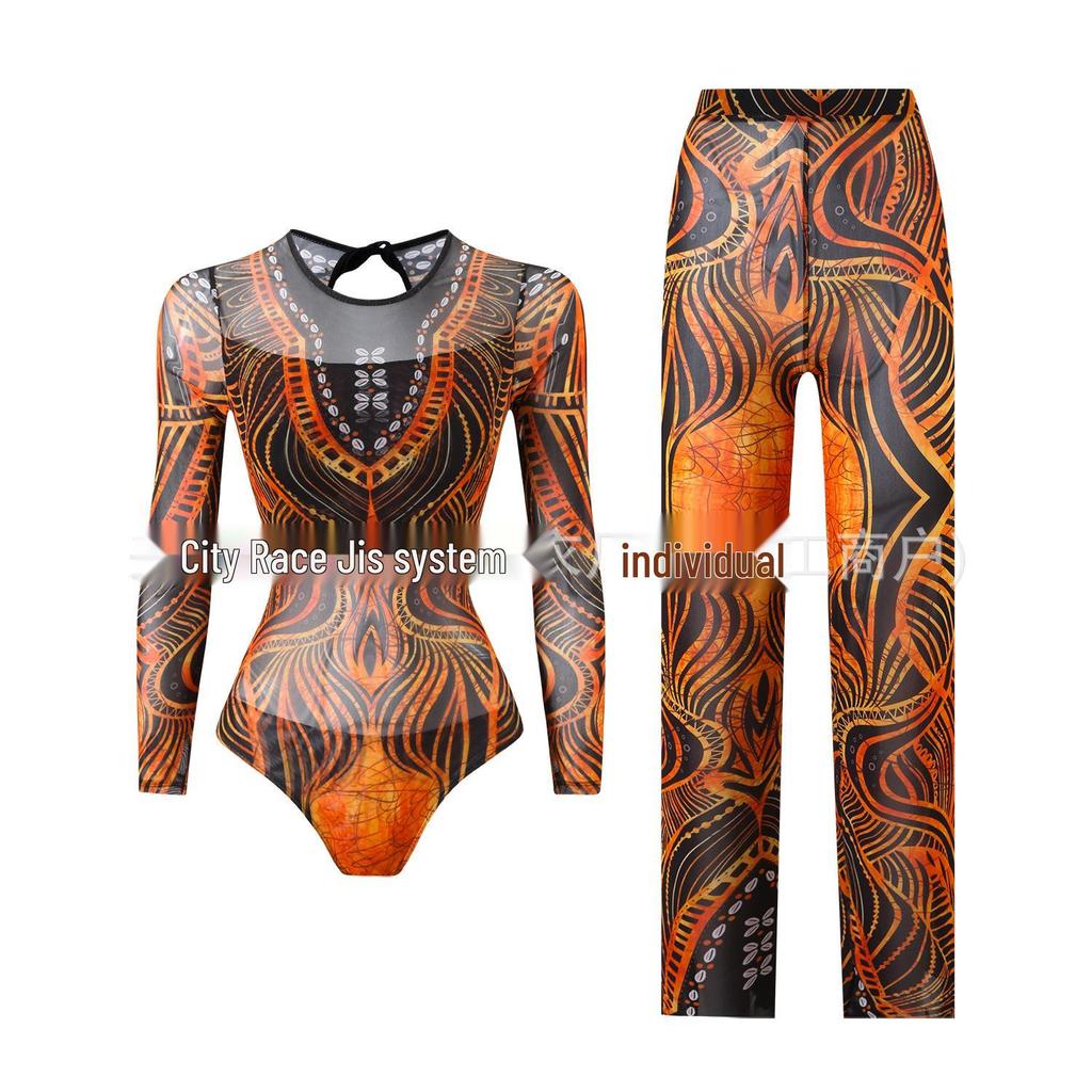 Costume da bagno intero da donna a maniche lunghe in rete con protezione solare e pantaloni