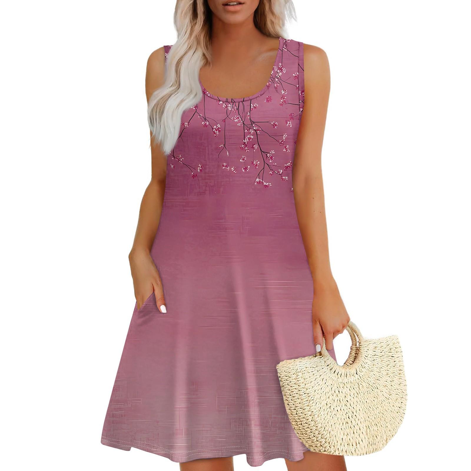 

Женское летнее повседневное платье с U-образным вырезом и цветочным принтом, платье без рукавов с карманами XL винный