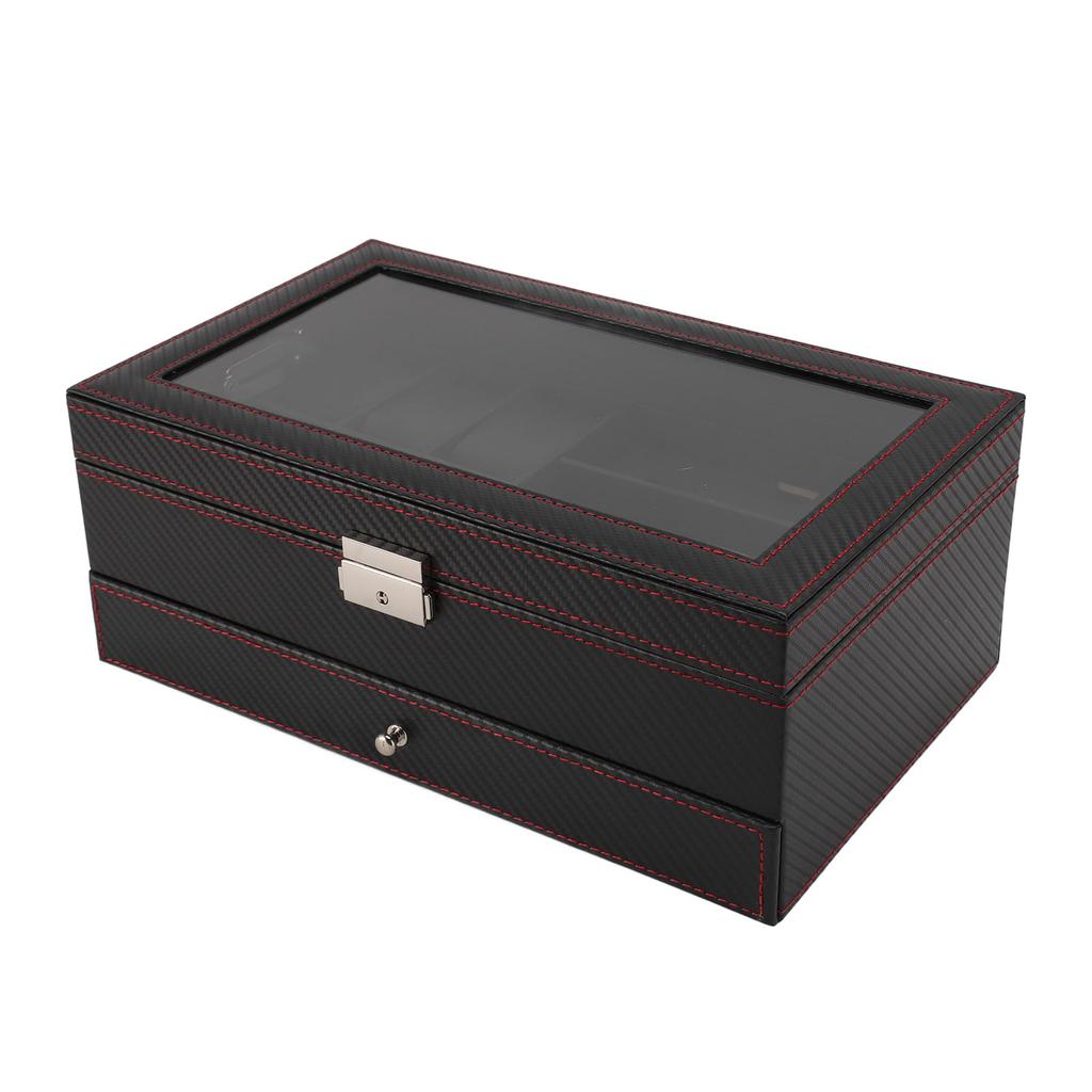 Pudełko na zegarki Etui na biżuterię Włókno węglowe Skóra PU 2 warstwy 6 przegródek Pudełko na zegarki i organizer na okulary przeciwsłoneczne