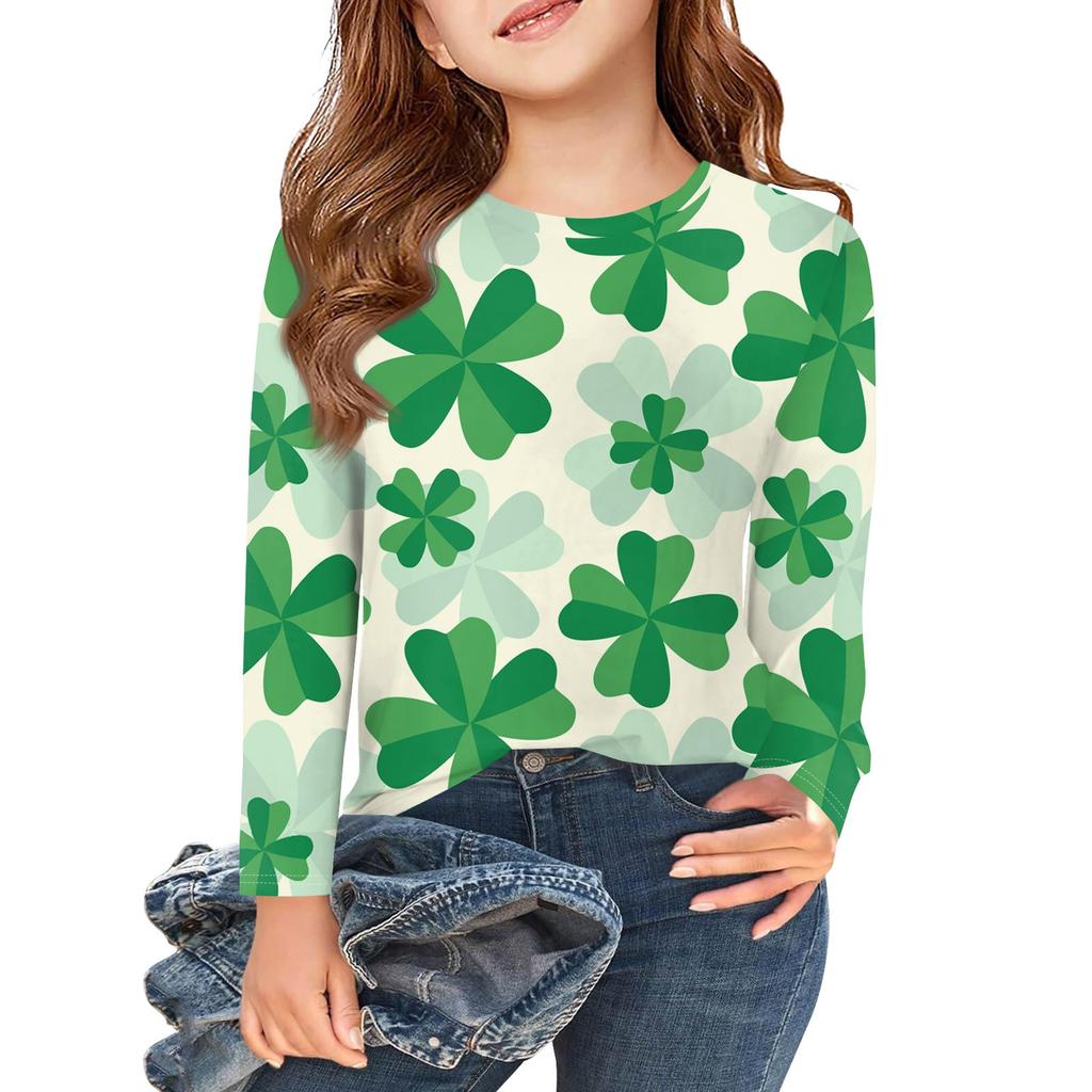 Girls Long Sleeve T Shirts Kids Fall Tops Crewneck Pattern Printed Basic Tees 5-14Y