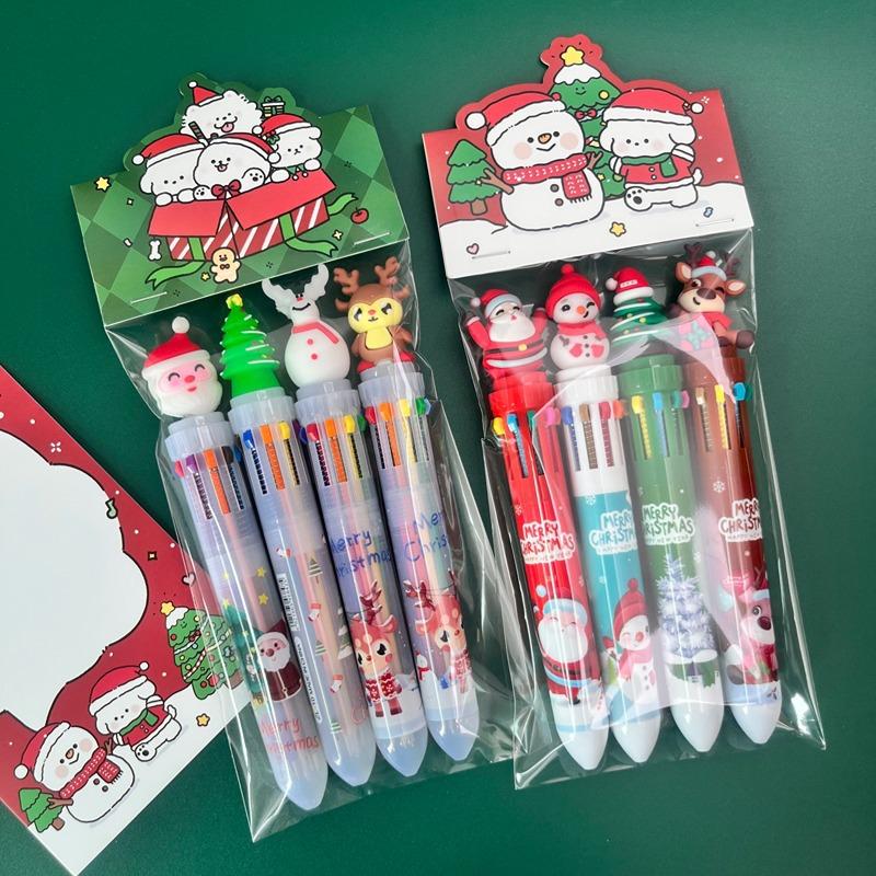 8 Pcs(2 Sets) Cartoon Christmas Ballpoint Pen Santa Colored Handbook Press Pen Student Christmas Gifts Stationery Prizes