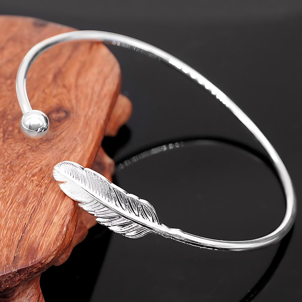 PANJBJ 925 Sterling Silver Feather Adjustable Couple Bangle Gothic Punk Design Women Jewelry Gift Lucky Bracelet Dropshipping