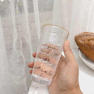 Verres peints à bord doré 330ml/340ml Verre gaufré Tasse à jus Tasse à lait Verre à eau transparent Verres créatifs à motif marteau