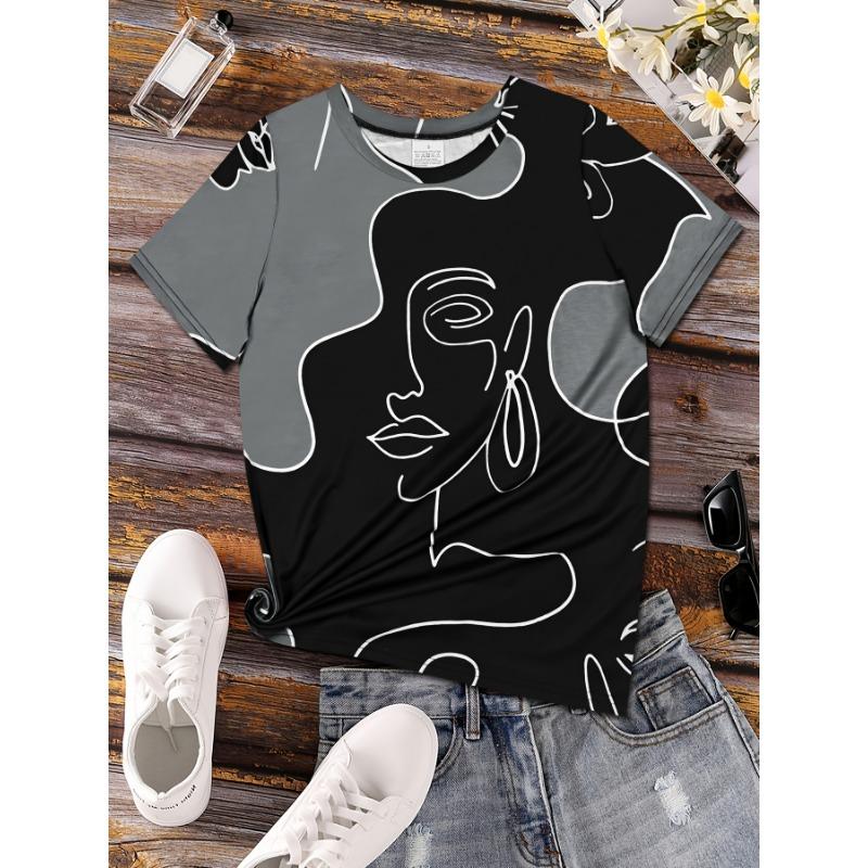 3D printed full body breathable printed round neck short-sleeved T-shirt spring and summer new women's short-sleeved tops