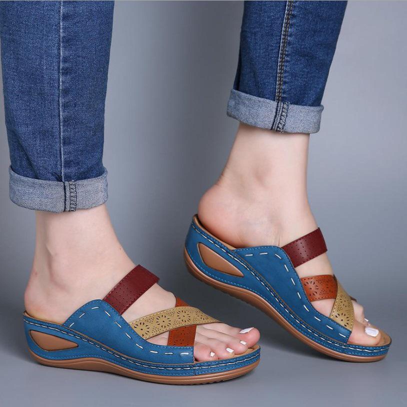 2025 Summer Women's Wedge Sandals: European & American Style, Color Block, One-Strap Design, In Stock