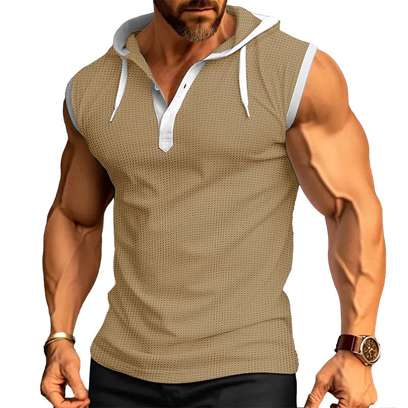 Henley Canotte da Uomo Tinta Unita Senza Maniche da Allenamento con Cappuccio Camicia Estiva con Scollo a V Abbottonata T-shirt da Ginnastica con Cappuccio Attive per Uomo T-shirt Senza Maniche in Maglia Waffle