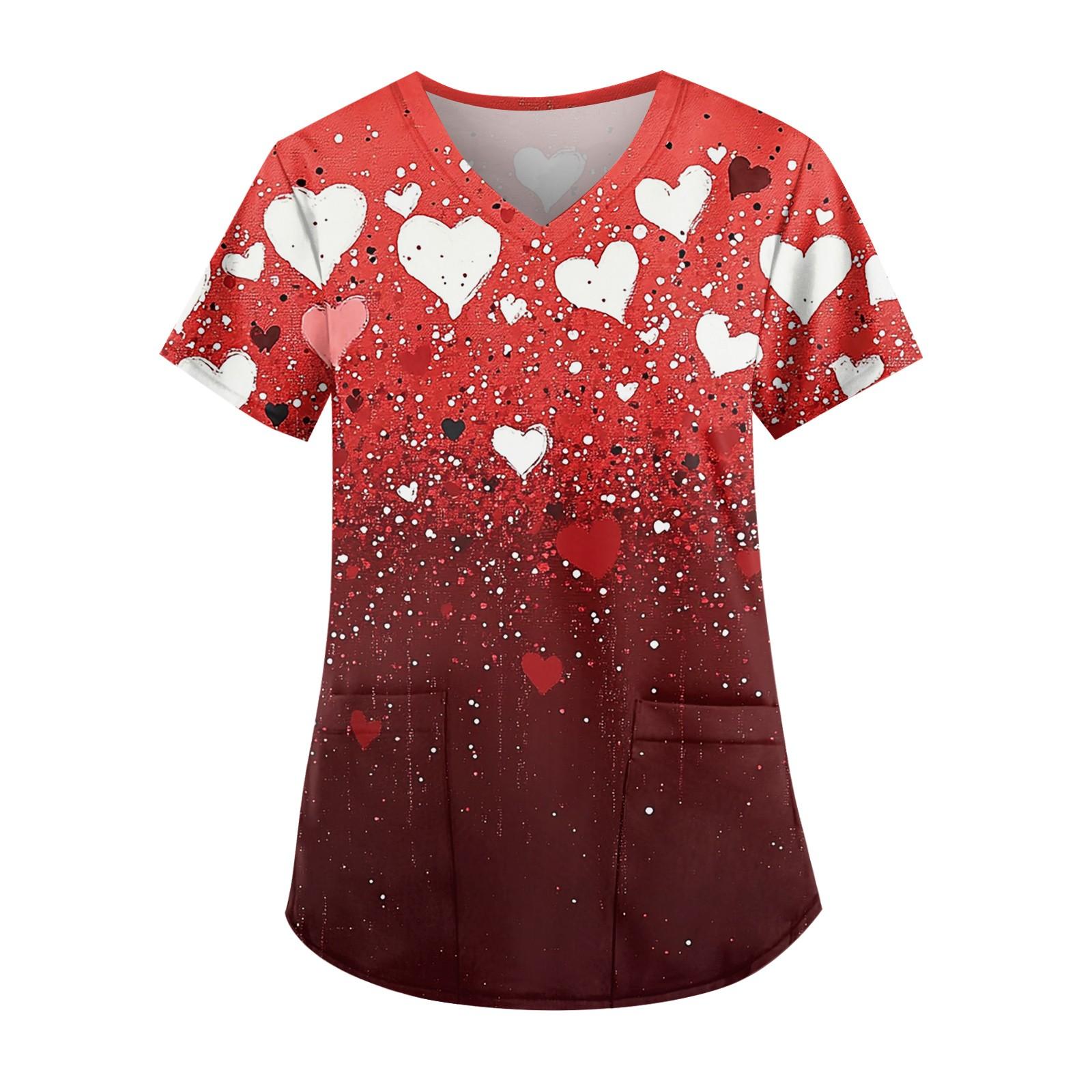 

Женская симпатичная рабочая одежда с принтом, V-образным вырезом, двухслойными карманами, базовым коротким рукавом, пуловером на Рождество S винный