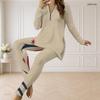 Women Plus Size Beige Star Printed Half Zip Long Sleeve Longline Top And Fitted Pants Two Piece Set