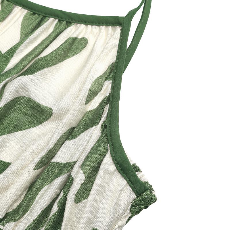 2026 Summer Green Leaf Print Spaghetti Strap Dress: Fresh Seaside Vacation Style