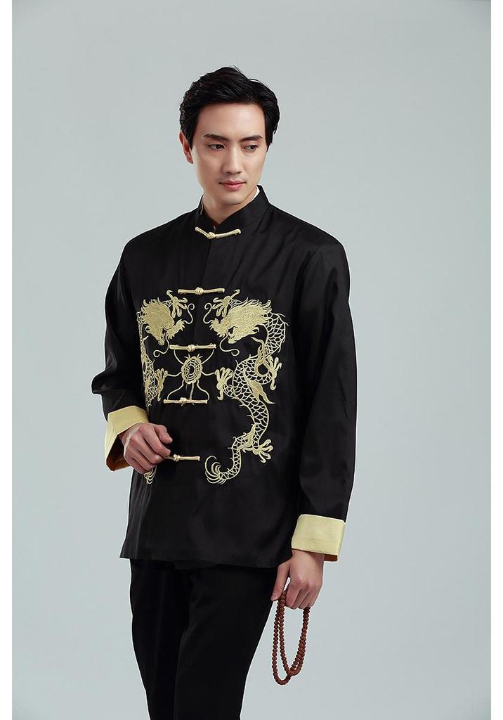 Embroidered Gold Double Dragon Tang Suit Men's Long-Sleeve Stand-Collar Outerwear