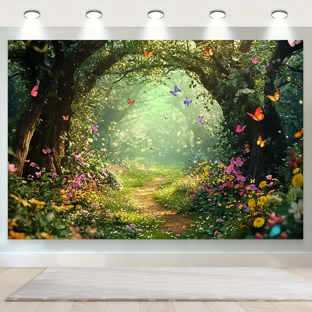 1 Magical Forest Polyester Wall Decoration, a Fairy Tale Fairyland, with Mushrooms, Flowers and Butterflies, Universal