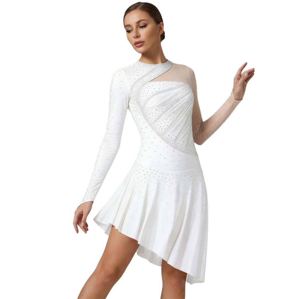 Women's Gymnastics Figure Skating Bodysuit S-XXL: Rhinestone Color Block Mesh Long Sleeve Chest Pleats Jumpsuit with Buttoned Crotch