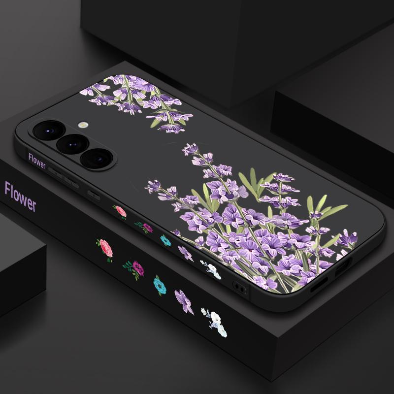 Floral Print Soft Matte Case Cover For Samsung S25 Ultra S24 FE S23 A56 A36 A16 A55 Lens Protection TPU Lanyard Shockproof Silicone Slim Phone Shell
