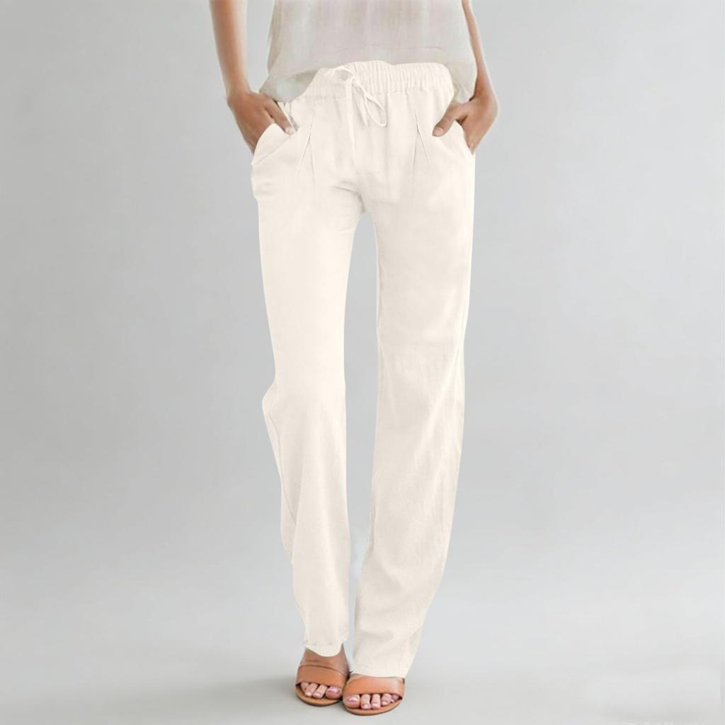 Pantalon décontracté pour femme en coton et lin, droit, à cordon de serrage, taille haute, ample, pantalon de plage avec poche