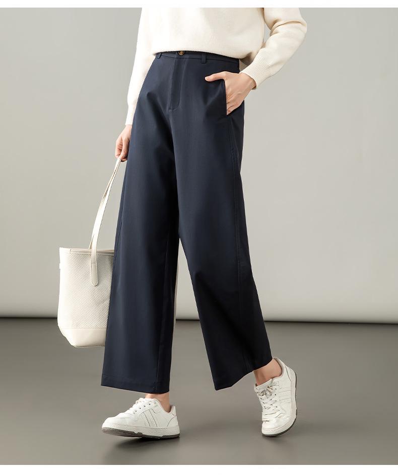 Autumn 2025 Women's Navy Blue Lyocell Cotton Wide-Leg Pants - High-Waisted, Slimming, Casual Straight-Leg Design