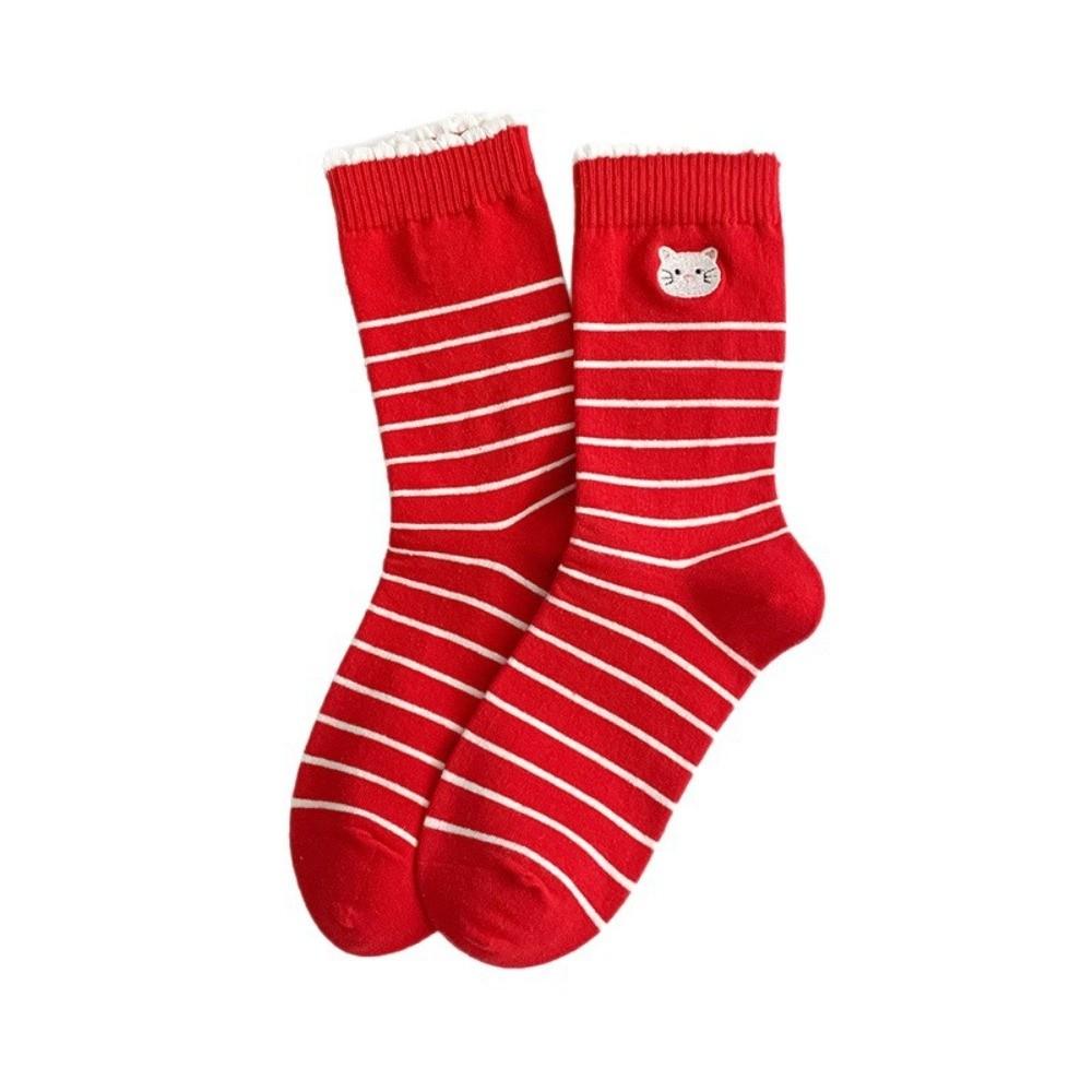 5 Pairs Breathable Polka Dot Socks Combed Cotton Stripe Socks Kitten Red Socks  Spring Festival