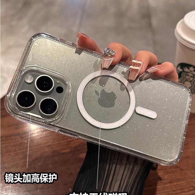 Suitable for Apple 15promax Phone Case, Acrylic Transparent Fine Glitter, IPhone13 Magnetic Attraction, 14 Fully Wrapped Hard Shell