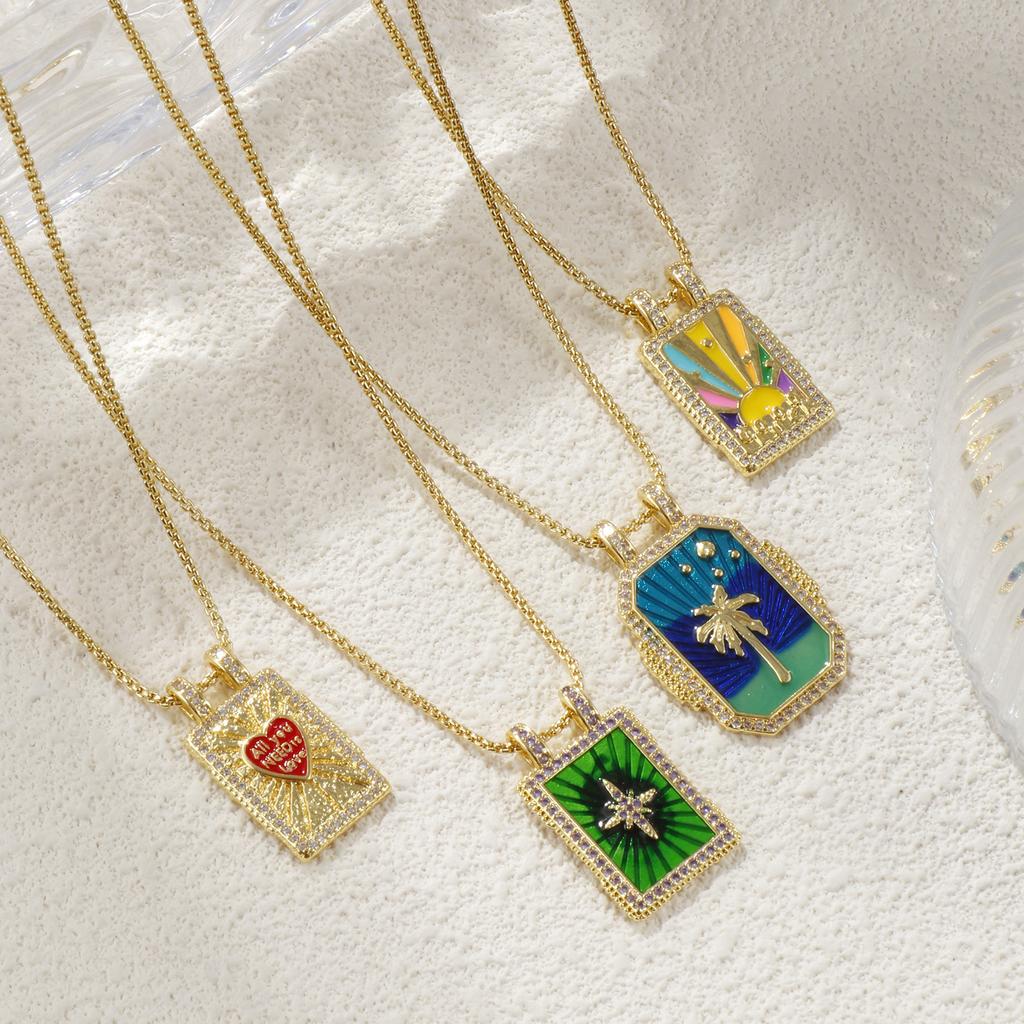 1pc Enamel Heart Pendant Necklace 18K Gold Plated Multicolor Brass Link Cable Chain Rectangle Charm Necklace 45cm + 5cm Long