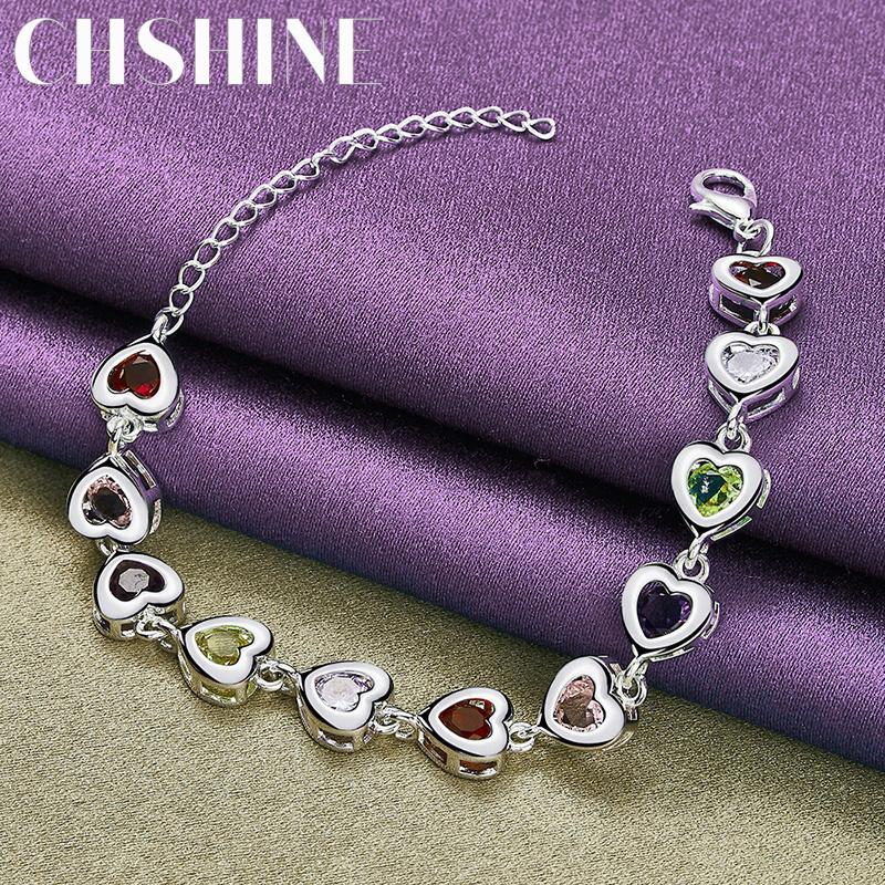 CHSHINE 925 Sterling Silver Heart Color Crystal Chain Bracelet For Women Wedding Fashion Jewelry