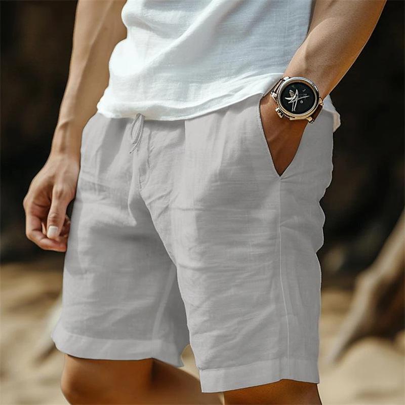 Cotton and Linen Shorts with Drawstring Elastic Waistband Straight Legs Solid Color Breathable Daily Beach Five Point Casual Men’s Shorts