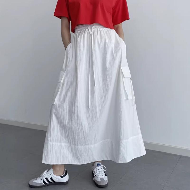 Sør-Korea elegant vårfarget retro allsidig elastisk midje snøring med store lommer design løst avslappet cargoskjørt for kvinner