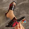 Fashion Embroidered High Heel Slippers Women Colorful Rhinestone Square Heels Sandals Woman Summer Peep Toe Slip On Mules Slides