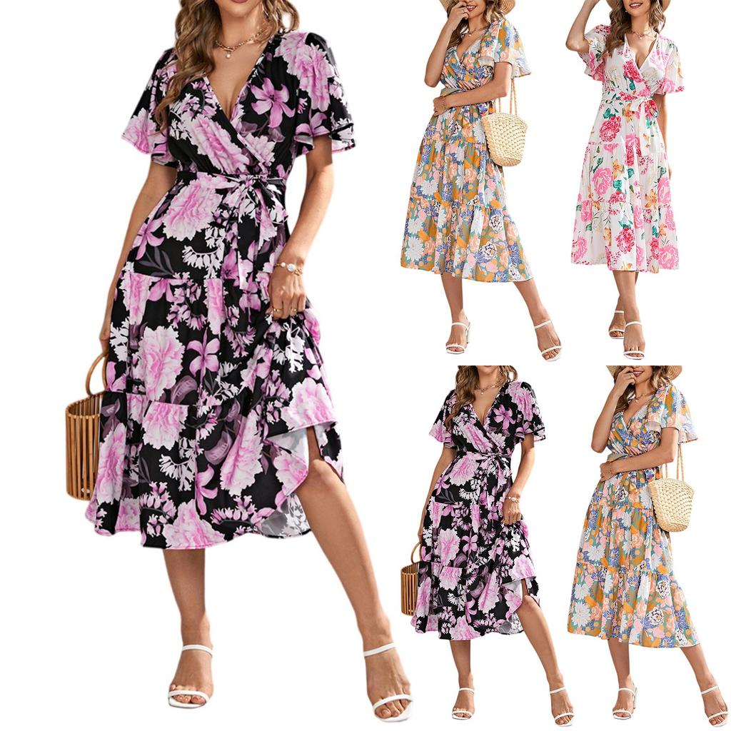 Women's Dresses Printed V-Neck Waisted Mid-Length Short Sleeve Dresses