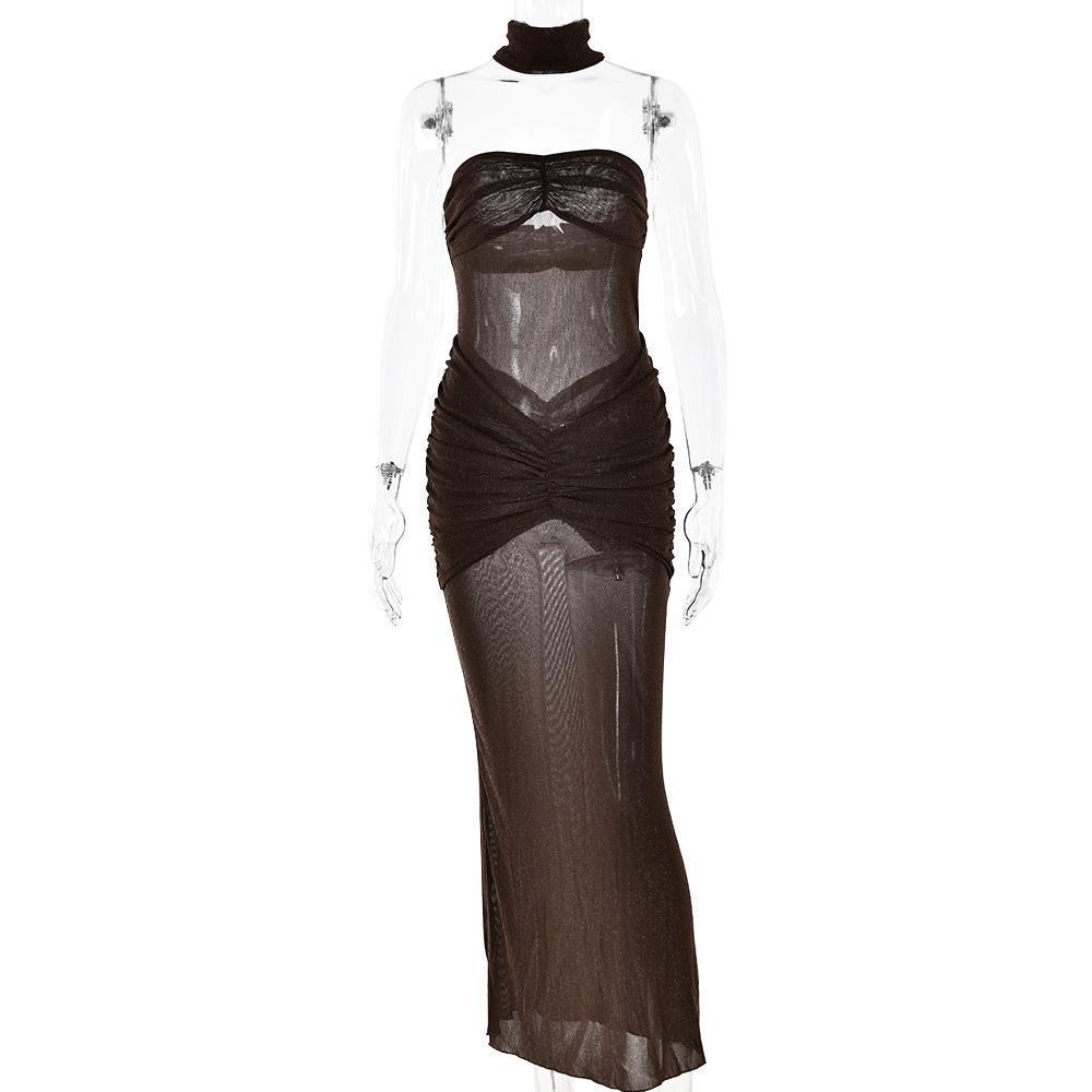 Women s Off Shoulder Sleeveless Maxi Dress Slim High Waist Mermaid Glitter Sheer Mesh Ruched Backless Summer Evening Long Dress S коричневый