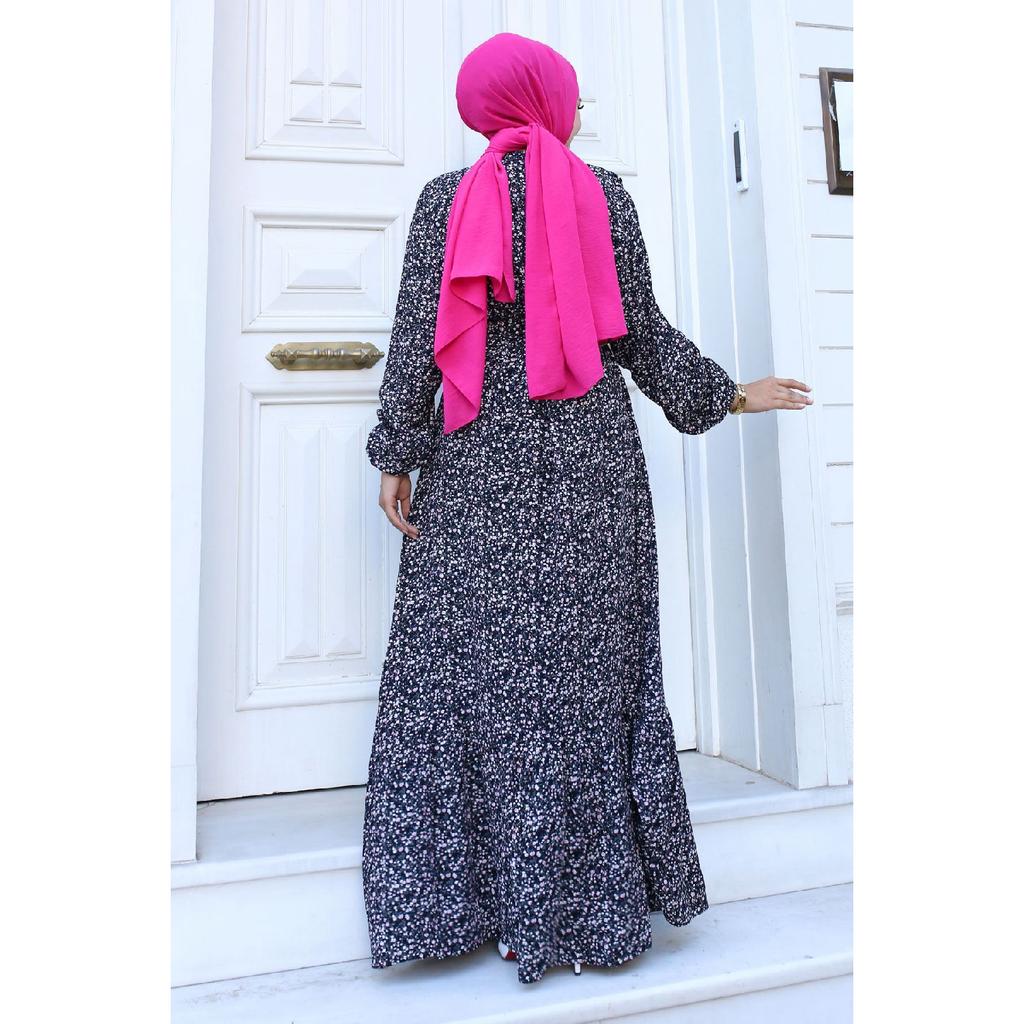 Ruffle Detailed Floral Viscose Dress Tsd240614 Black