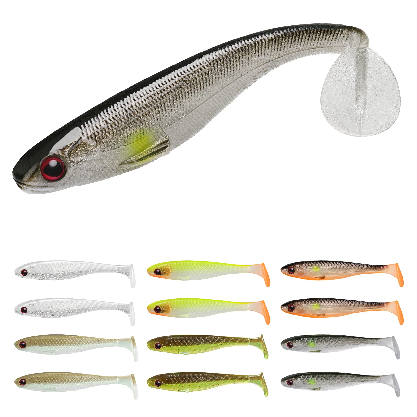 

Мягкая рыболовная приманка TRUSCEND с лопаточным хвостом, плавающая, из прочного пластика, для ловли окуня и шеда, приманка для пресной и соленой воды, 12 штук,