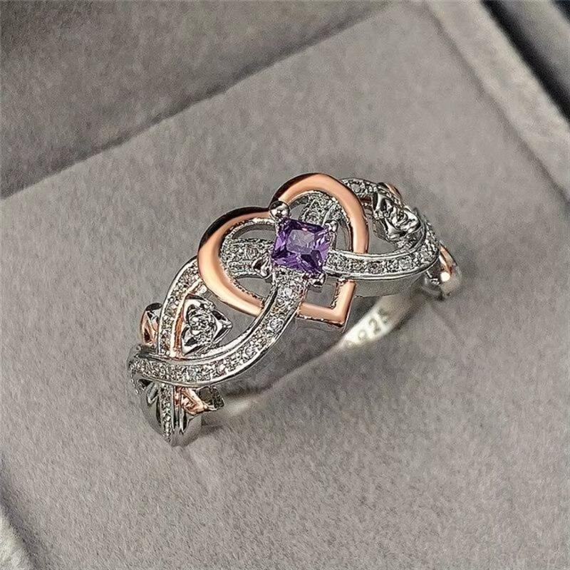 Huajie Women s Romantic Rose Amethyst Inlay Rings Heart Shape Hollow Cross Delicate Ladys New Ring  Trend Tide 12 розового золота