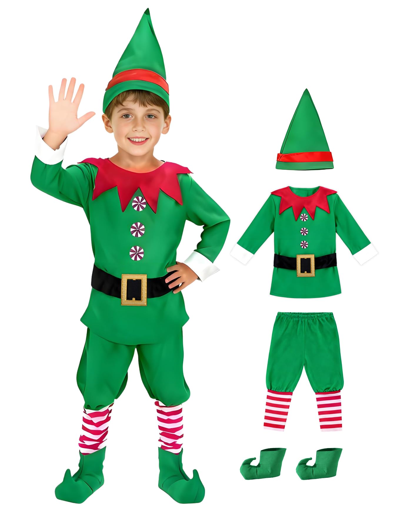 Yi-gog Christmas Elf Costume, Kids  Santa Cosplay, Green Elf Santa Claus Costume, Christmas Top and Bottom Set for Christmas Parties, Recitals, and