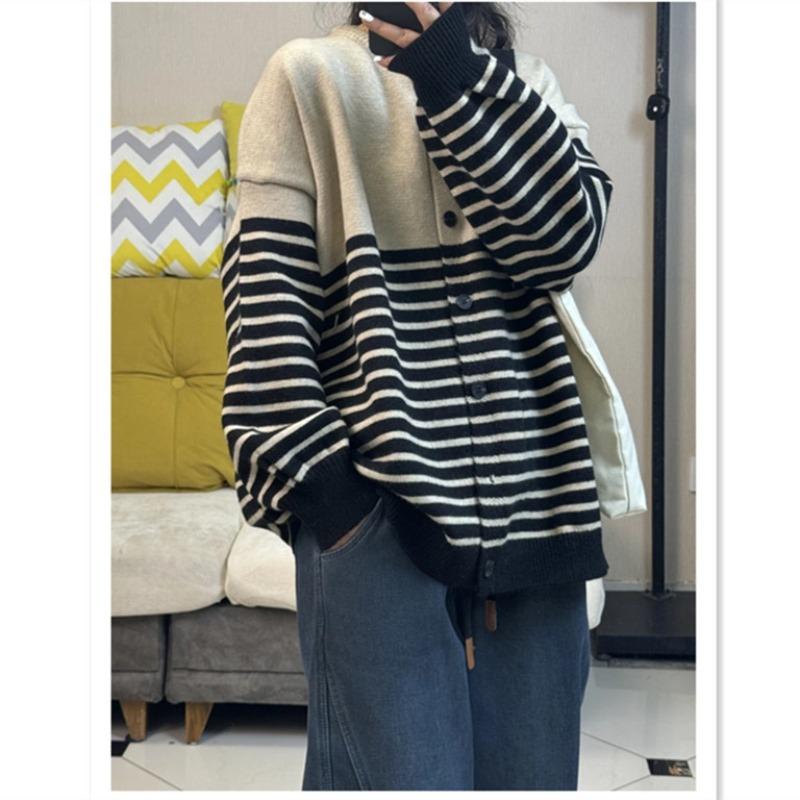 

Весенний новый свободный повседневный базовый вязаный кардиган женский простой универсальный полосатый свитер-жакет one size fits all