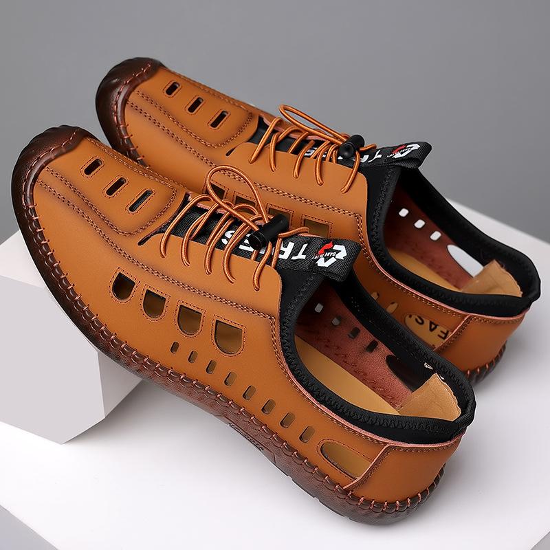Fashion 2025 Summer Mens Handstitched Soft Leather Hollow-Out Sandals Breathable Casual Shoes Lightweight Soft Sole Comfortable Footwear