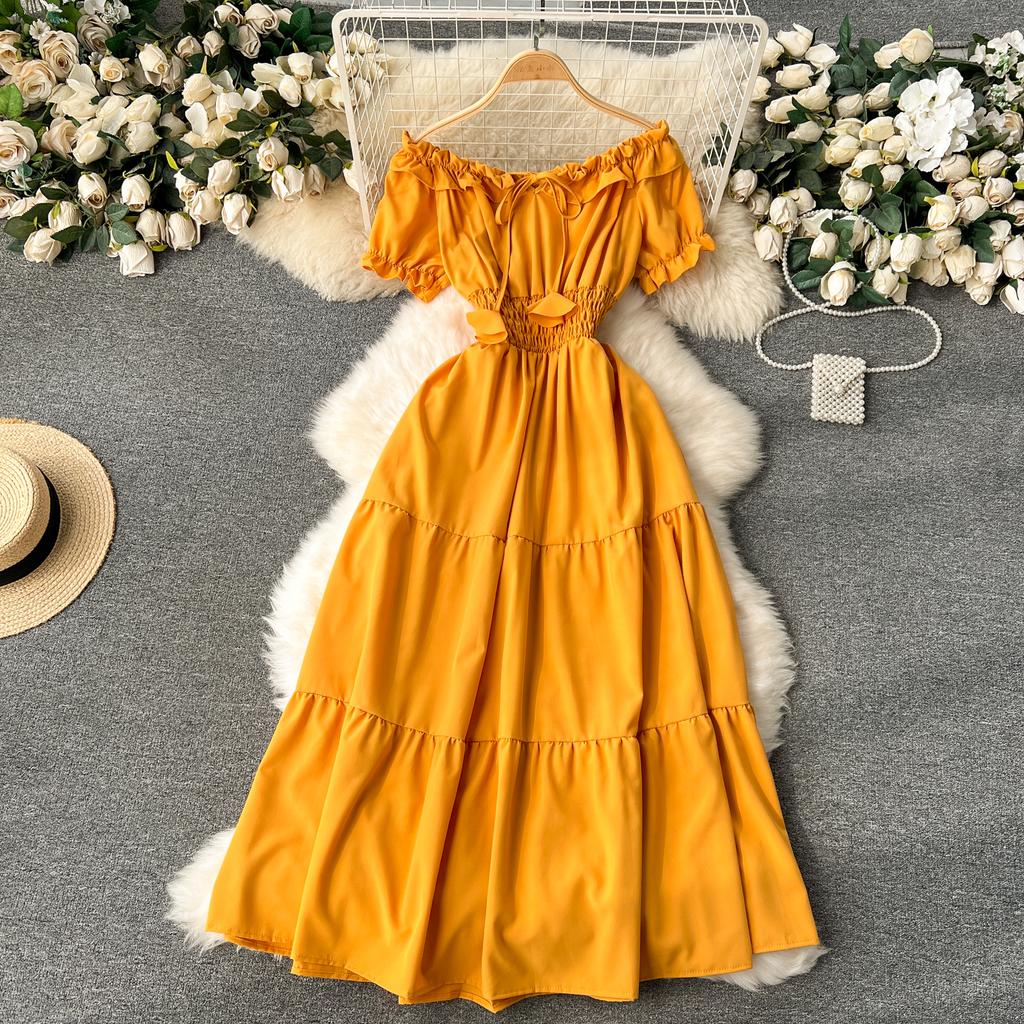 Vintage Elegante Slash Neck Kurzarm Kleid A-linie Mode Chiffon Frühling Herbst Frauen Kleider
