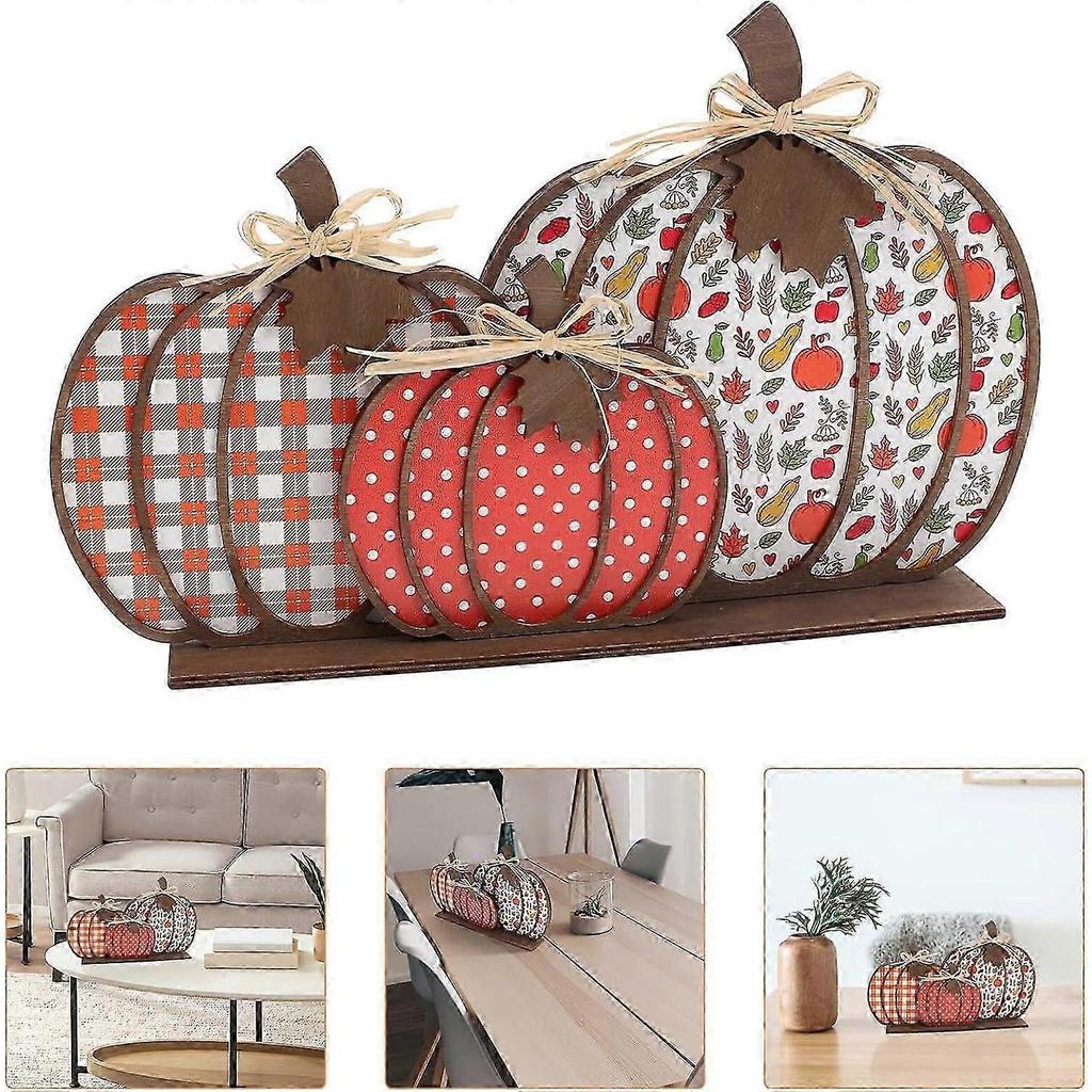 Thanksgiving Halloween Wooden Pumpkin Decoration, Table Block Autumn Plaid Wood Stand Fall Tiered Tray Decoration
