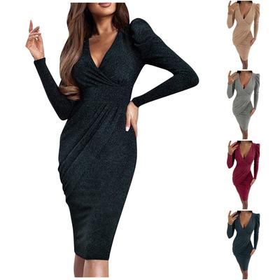 Women's Color Sexy Long Sleeve V-Neck Sequin Dress Waist Pullover Tight Dress Dress