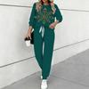 Women Retro Pattern Print Two Piece Outfit, Long Sleeve Crew Neck Top & Drawstring Jogger Pants Casual Tracksuit for Spring Autumn
