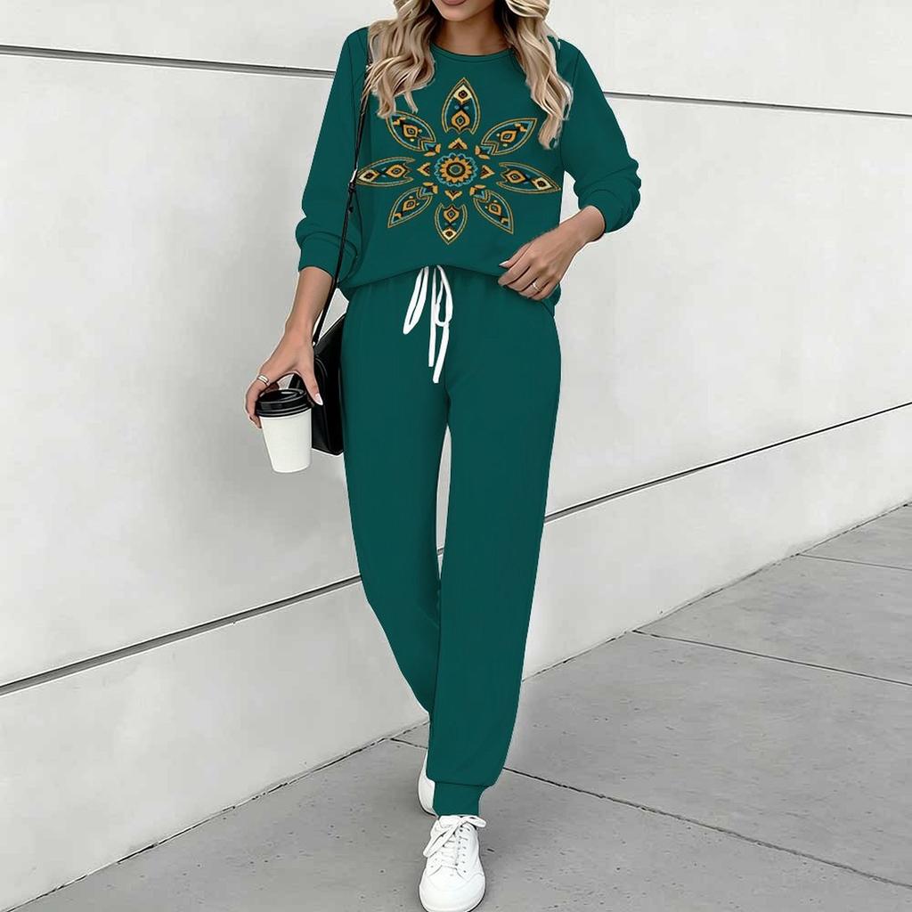 Women Retro Pattern Print Two Piece Outfit, Long Sleeve Crew Neck Top & Drawstring Jogger Pants Casual Tracksuit for Spring Autumn